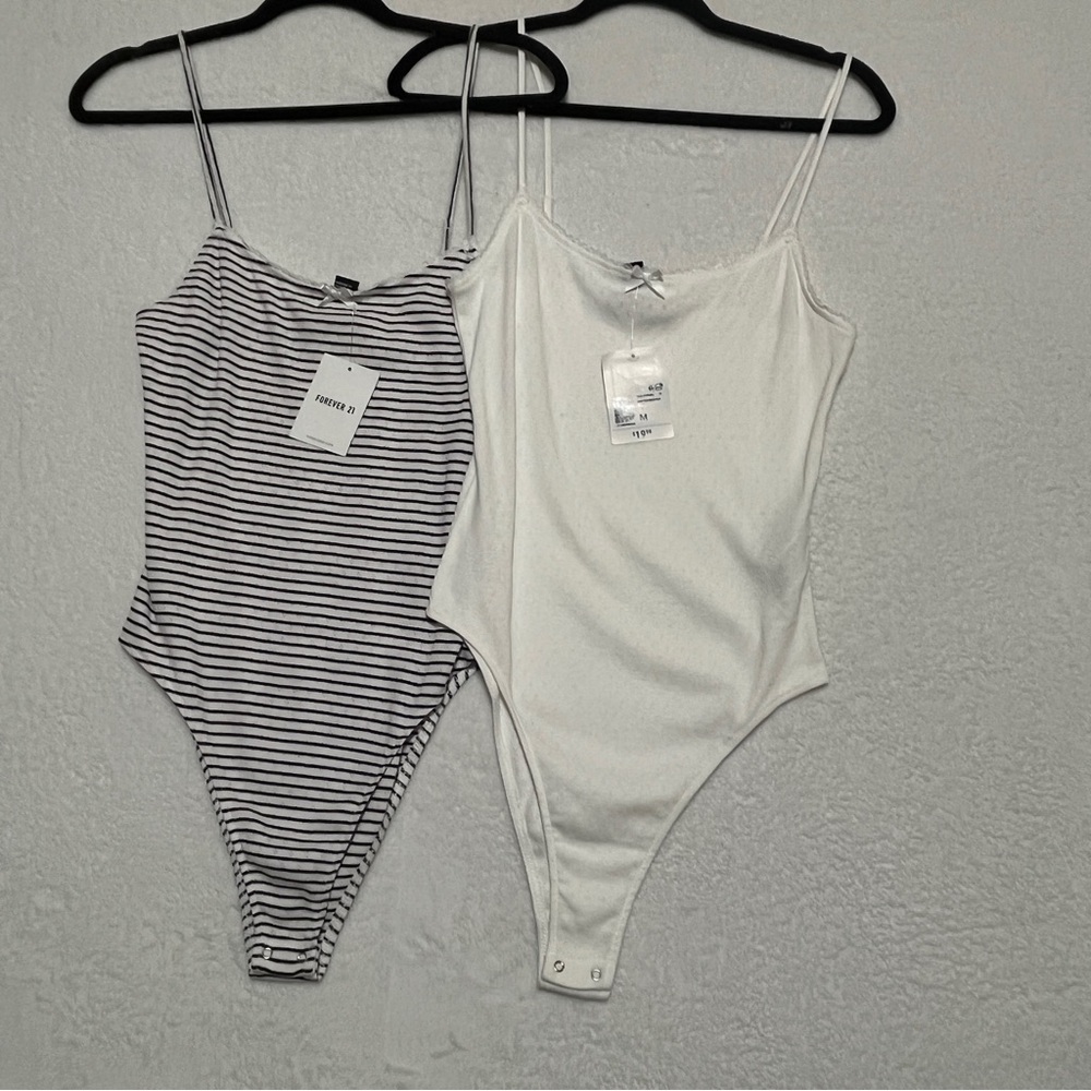 Forever 21 Juniors Pointelle Knit Bodysuit Bundle Medium White & Stripes NWT